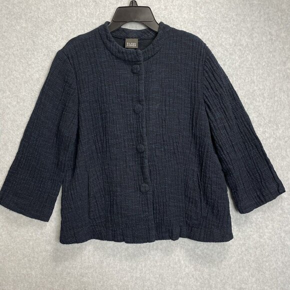 Eileen Fisher Gauze Jacket Womens Medium Navy Blue Long Sleeve Cotton Gauzy Boxy - Picture 1 of 11